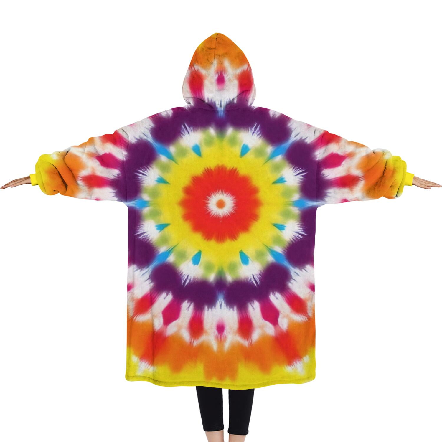 Oversized Wearable Blanket Hoodie,Tie Dye Rainbow Concentric Circles Pattern Sherpa Blanket Hoodie with Super Pockets,Super Warm Fuzzy Pullover for Women & Men
