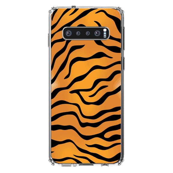 DistinctInk Clear Shockproof Hybrid Case for Samsung Galaxy S10 (6.1" Screen) - TPU Bumper, Acrylic Back, Tempered Glass Screen Protector - Orange Black White Tiger Skin Print - Animal Print