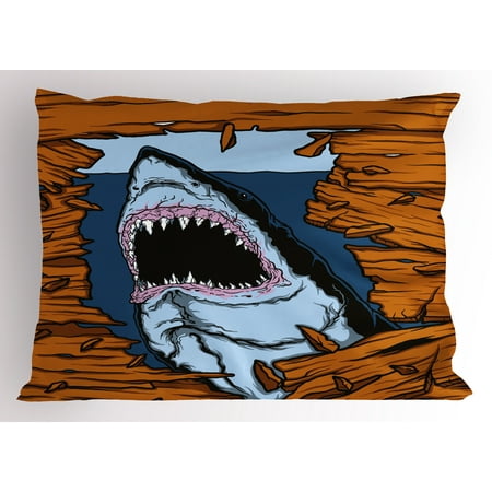 - Shark Pillow Sham Wild Fish Breaking Wooden Plank Danger Sign Killer Creature Fun Illustration, Decorative Standard Size Printed Pillowcase, 26 X 20 Inches, Ginger Dark Blue, by Ambesonne