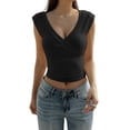 thumbnail image 2 of Women's Y2K V-Neck Wrap Front Cap Sleeve Fitted Cropped Tank Tops Black XL, 2 of 8