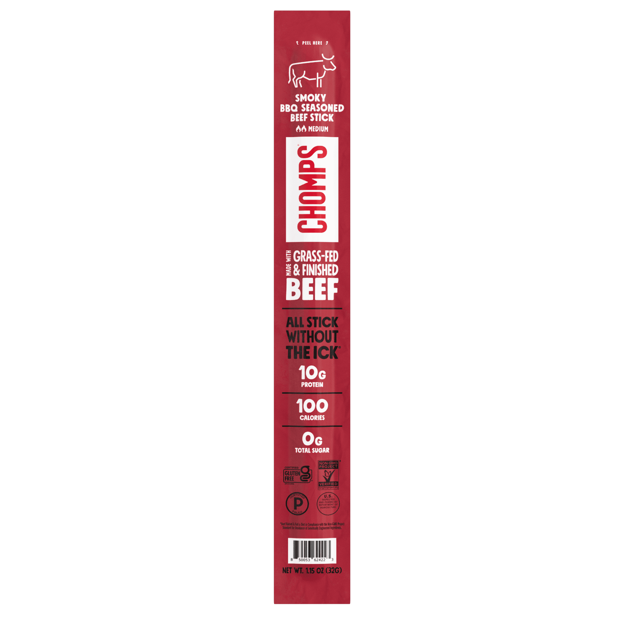 Chomps Grass-Fed and Finished Smoky BBQ Beef Meat Snack Stick, 10g of Protein