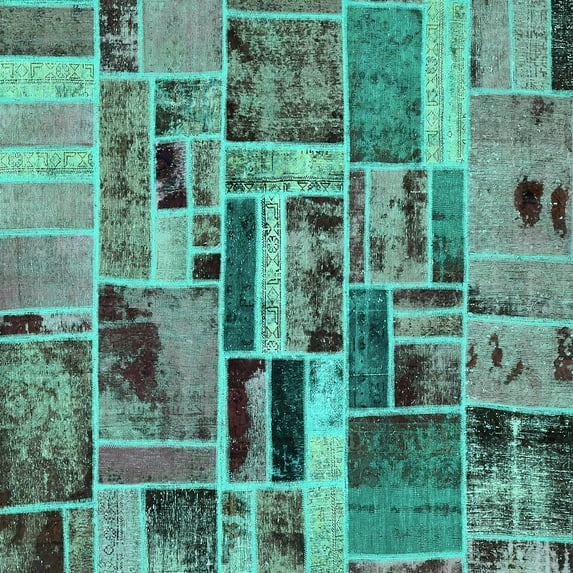 Ahgly Company Machine Washable Indoor Square Patchwork Turquoise Blue Transitional Area Rugs, 4' Square
