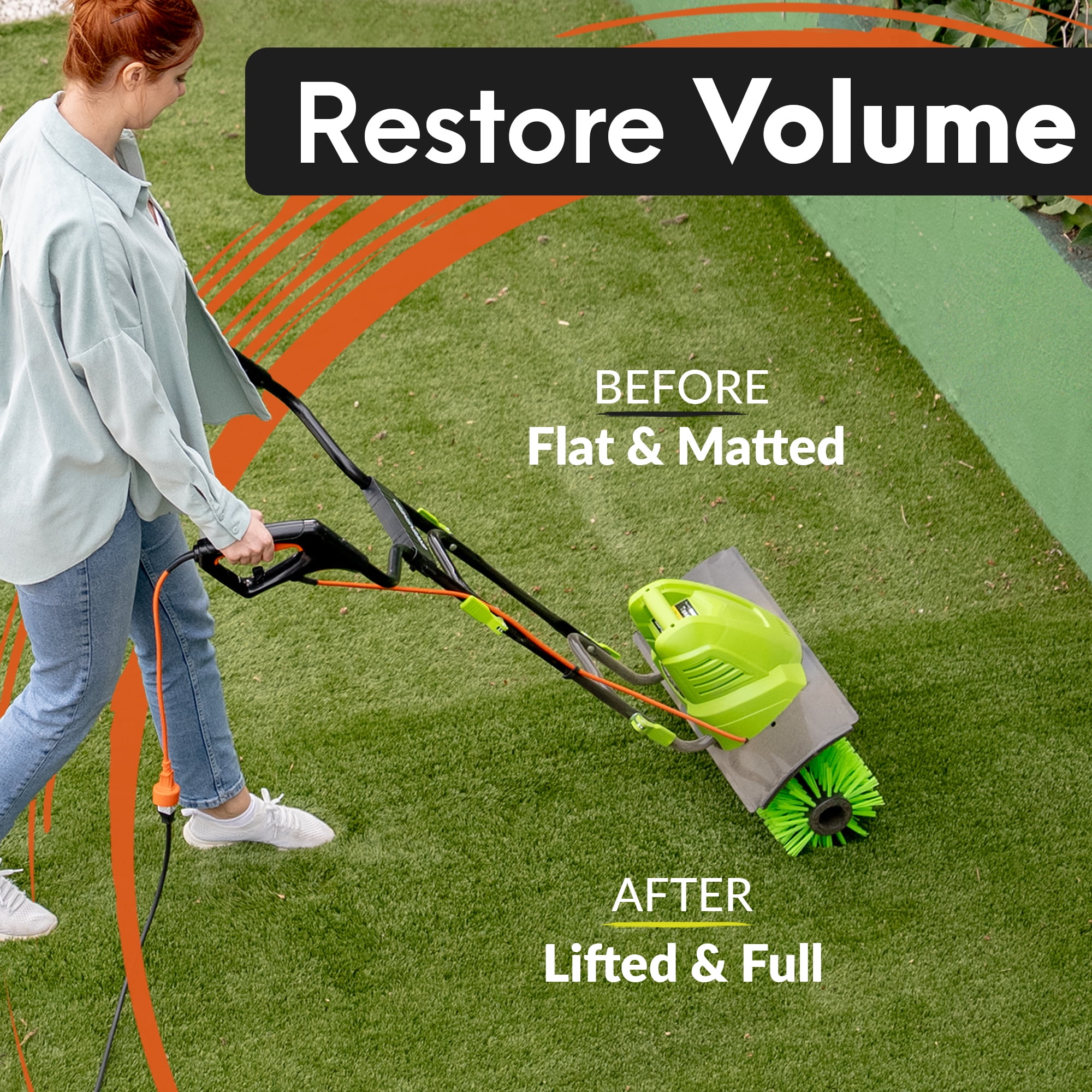 GreenSweep Volumizer GS-50 Artificial Turf Power Broom, 22 in, 12 Amp, 400 RPM