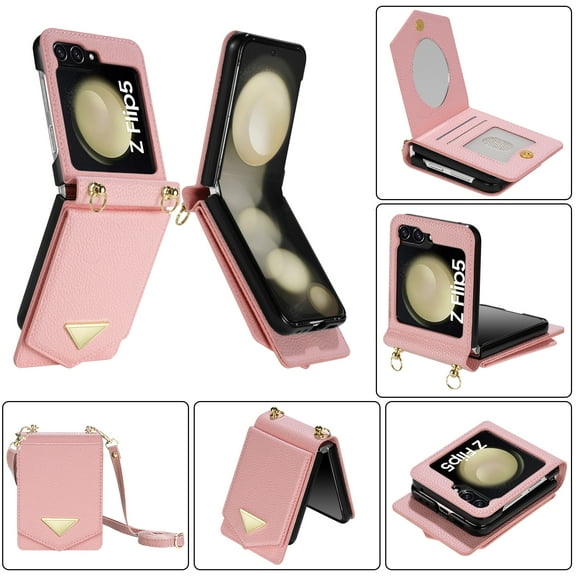 ELEHOLD for Samsung Galaxy Z Flip 6 Case, Luxury Leather Mirror Makeup Credit Card Holder Slot Crossbody Strap Women Girls Slim Protective Case for Samsung Galaxy Z Flip 6 ,Pink