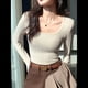 thumbnail image 4 of Camisetas de Larga para Mujer, Blusas de Cuello Cuadrado, Blusas Básicas de Punto Acanalado, Conjuntos de Otoño, Ropa de Moda Albaricoque XXL, 4 of 7