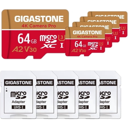 【5-Years Data Recovery】 GIGASTONE 64GB Micro SD Card 5-Pack 4K Camera Pro A2 V30 Compatible with Gopro Dash Cam DJI Drone Security Camera Speed Up to 95MB/s UHS-I U3 C10