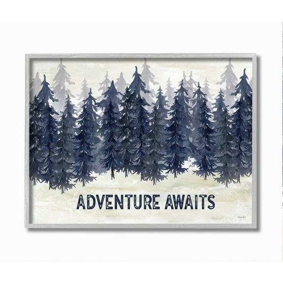 Stupell Industries Adventure Awaits Quote Blue Pine Tree Forest Scene Framed Wall Art Design by Cindy Jacobs, 16" x 20", Gray Framed