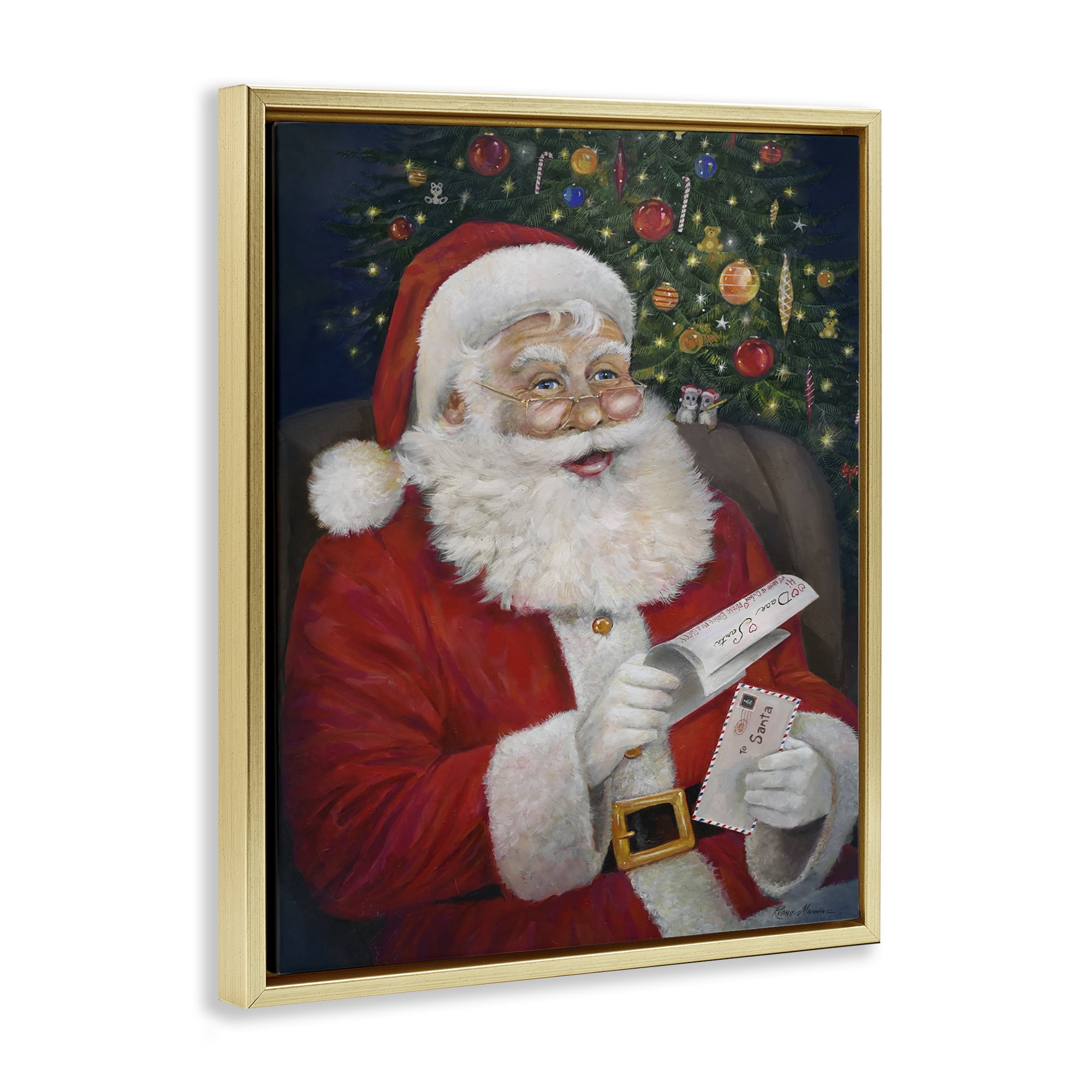 Stupell Industries Merry Santa Claus Holiday Painting Gold Floater Framed Canvas Art Prints Wall Art, 25 x 31