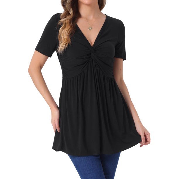 Blusa de verano con nudo frontal en V para mujeres INSPIRE CHIC, camiseta de manga corta, túnica oversized, color negro, talla XS