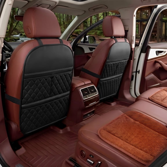 2 Pcs Seat Back Protectors, PU Leather Car Kick Mats with 3 Storage Pockets, Dirt-proof Backseat Organizers for Travel, Large Capacity Seat Back Protective Covers