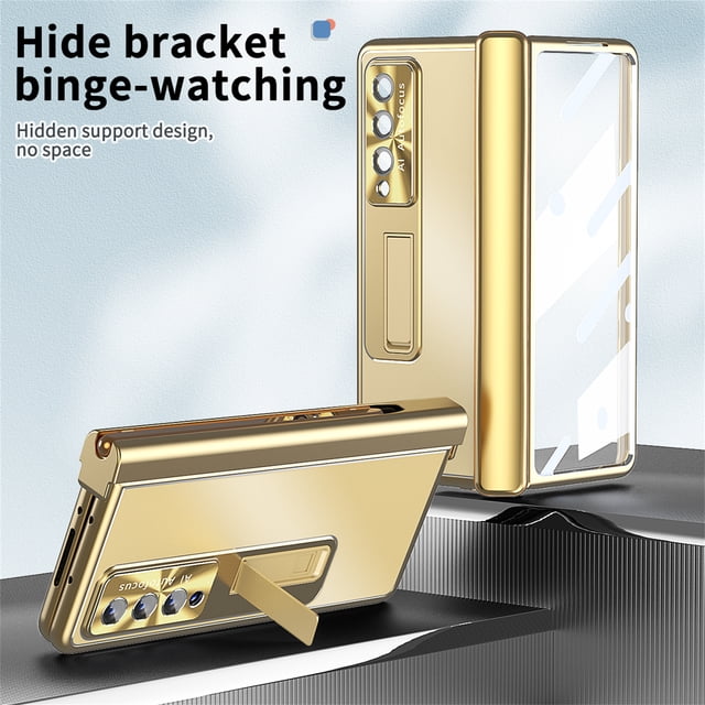 for Samsung Galaxy Z Fold 3 5G 2021 6.7 inch Rugged Case, Aluminium Alloy Built-in Screen Flim Camera Lens Protector Hidden Kickstand Shockproof Case Cover for ZFold 3,Gold
