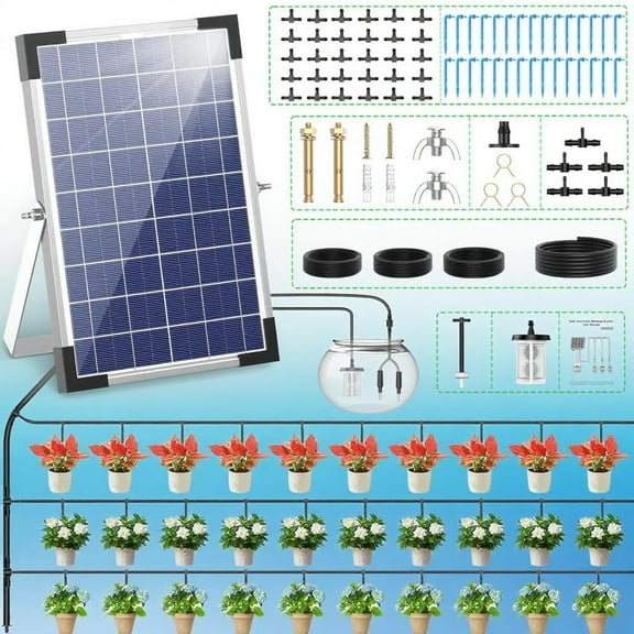 2025 5W Solar Irrigation System - DIY Automatic Drip Kit for Garden, Balcony & Greenhouse. 30m Hose Included, Supports 30 Potted Plants for Indoor/Outdoor Gardening