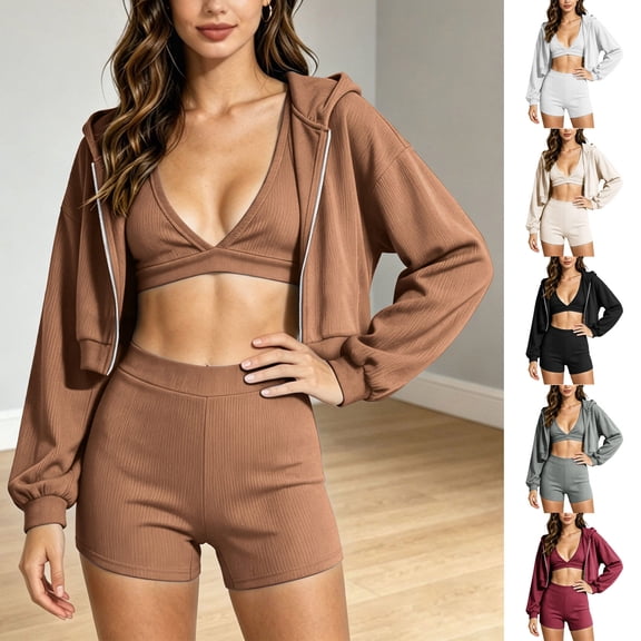 FchengtaiS Women 3 Piece Tracksuit Sets Long Sleeve Zip Up Cropped Jacket & Sport Bra & Matching Shorts Outfits Casual Athletic Sweatsuits