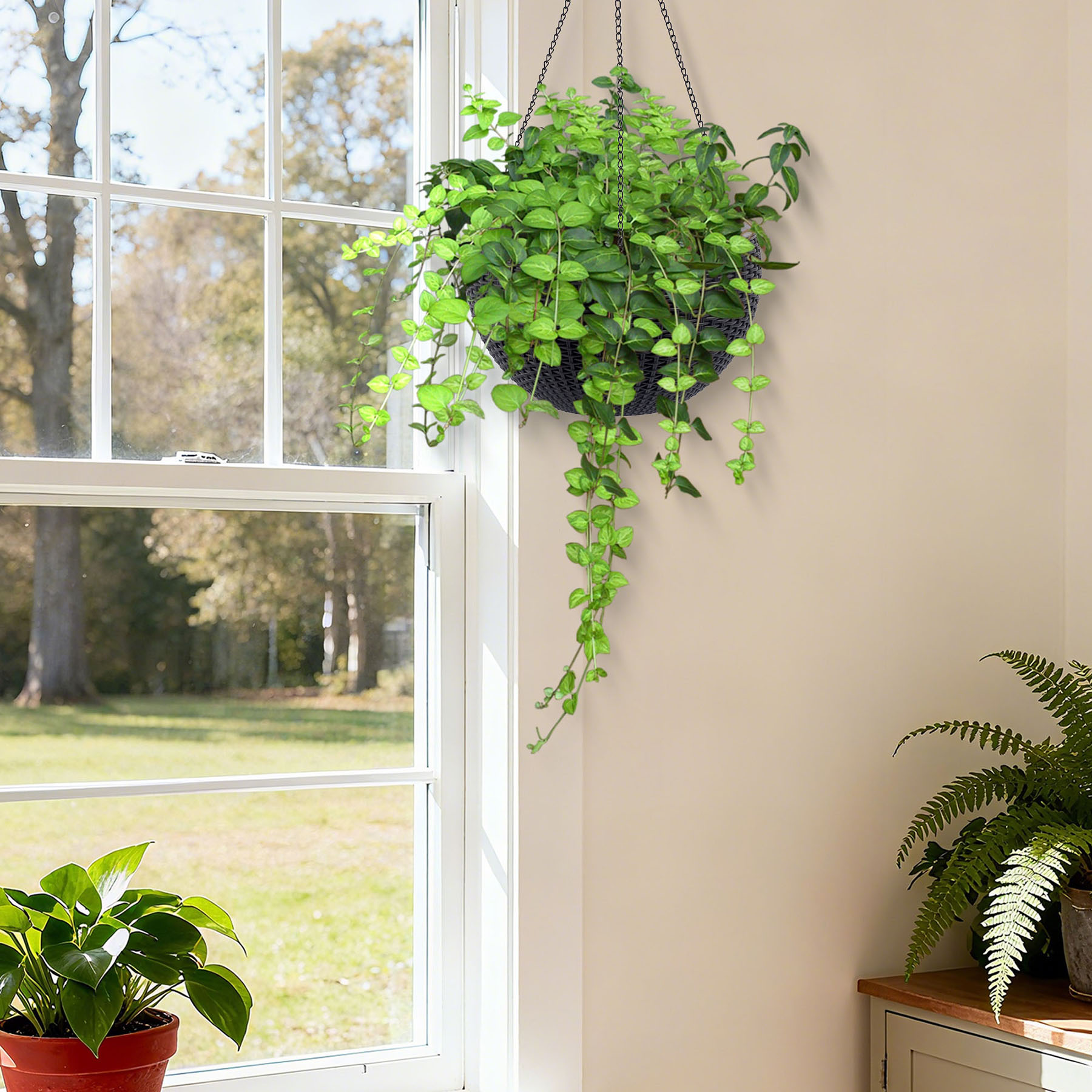 S-HOME Dual-Use Self-Watering Hanging Rattan Planters 13.4 Inch Large Size with Water Level Indicator, for Balcony Decor Indoor Use, Black
