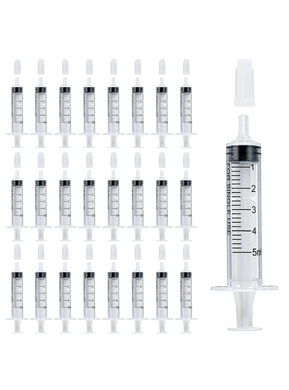 24 pcs 5ml Plastic Syringes, Individually Sealed with Measurement & Cap for Feeding Pets, Liquid, Lip Gloss, Paint, Epoxy Resin, Oil, Watering Plants, Refilling