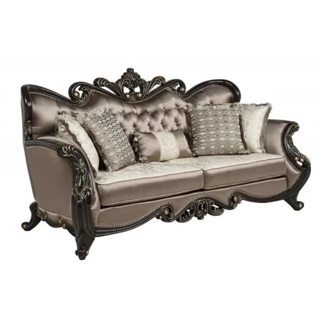 Formal Living Room 1Pc Sofa with Accent Pillows, Gold Trim Wood Carvings Traditional Sofa Couch, Brown/Espresso