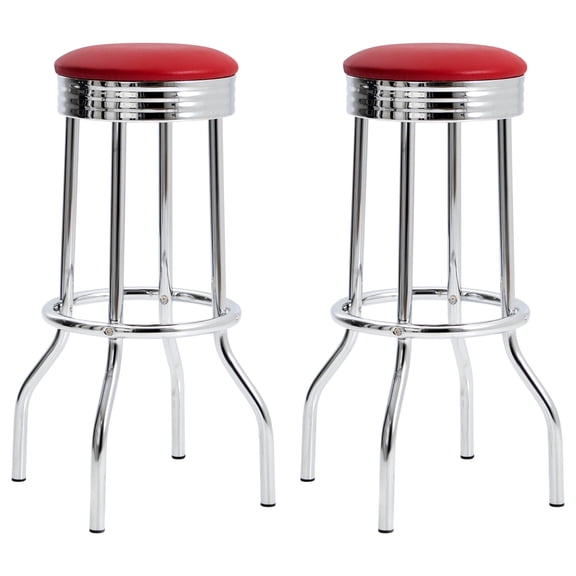 Bowery Hill Faux Leather Bar Stool Chair in Red With Round Seat & Footrest (Set of 2)