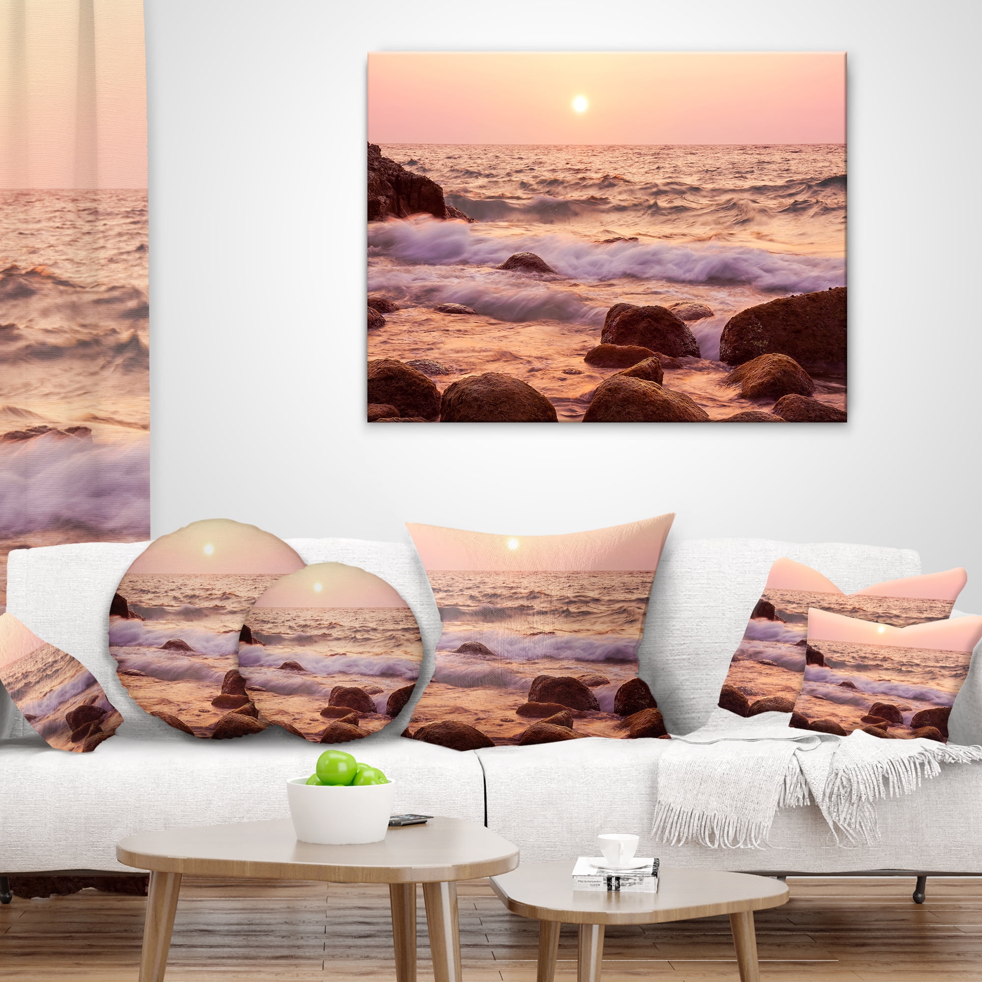 Designart Foam Waves Hitting Rocky Coast - Seashore Throw Pillow - 18x18