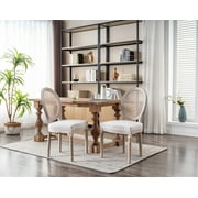 Guyou Farmhouse Dining Chairs Set of 2, French Wooden Country Upholstered Linen Oval Side Chair with Round Rattan Back for Restaurant Living Room Kitchen Dining Room, Beige