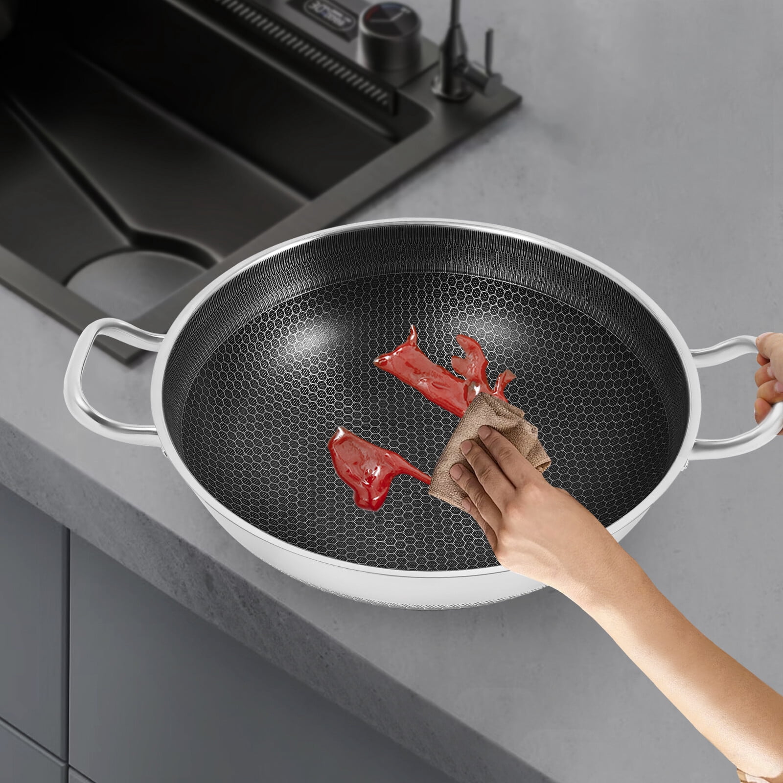 DENEST Stainless Steel Pan, Cooking Pan, Double-sided Honeycomb Frying Pan, Non-stick Pan with Lid Induction Cooker Gas Stove