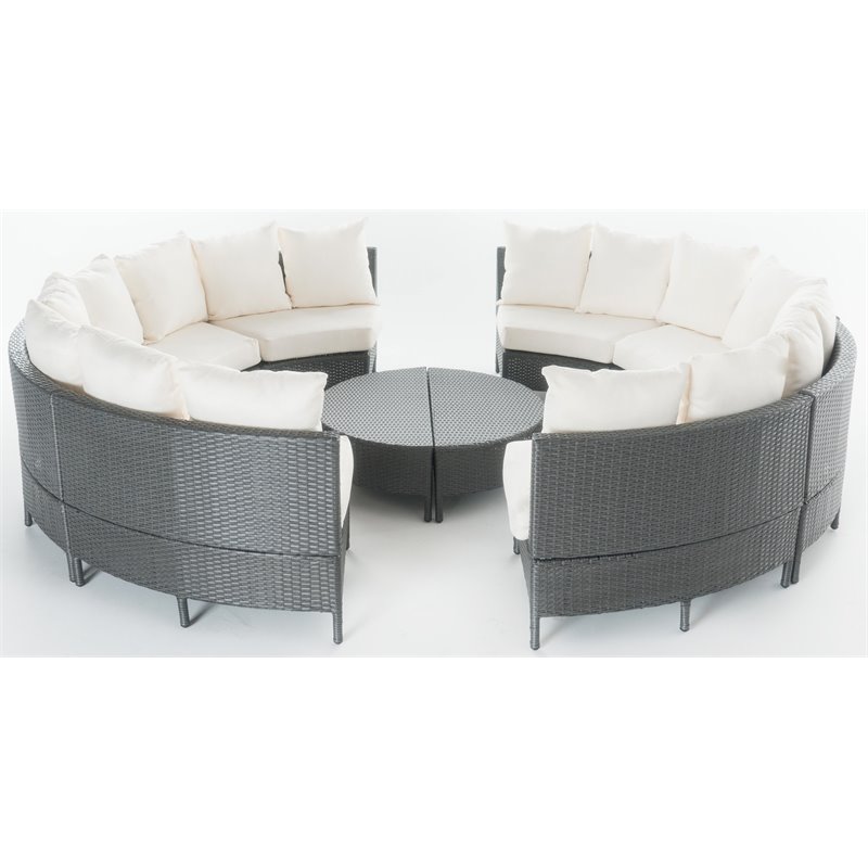 Noble House Newton 8 Seater Round Wicker Sectional Sofa Set Gray/White