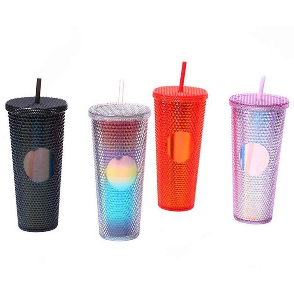 Happon 24 oz Matte Plastic Studded Cup Double Wall Studded Water Tumbler  Plastic Inlaid Rivet Cup with Straw and Lid (Red) 