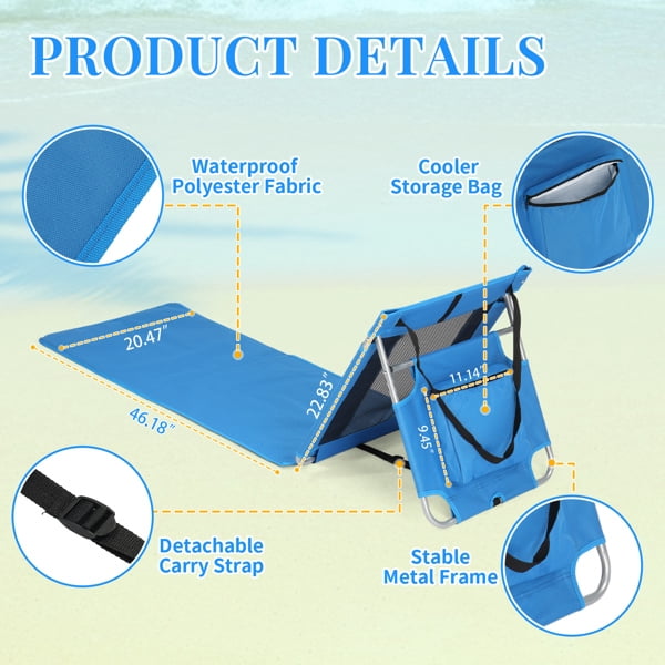 Foldable Beach Lounger, Lightweight Beach Mat Lounge Chair with Breathable Mesh Back, Cooler Pocket for Tanning Relaxing, Blue