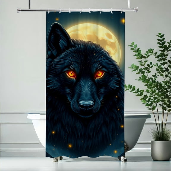 RKSupls Waterproof Shower Curtain, Majestic Black Wolf Glowing Eyes Full Moon Polyester Shower Curtain with Hooks for Chic Elegant Home Bathtub Bathroom Decor Washable Curtains