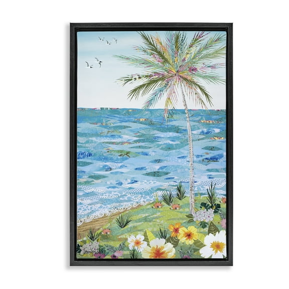Stupell Industries Collaged Tropical Landscape Landscape Painting Black Floater Framed Canvas Art Print Wall Art, 17 x 25