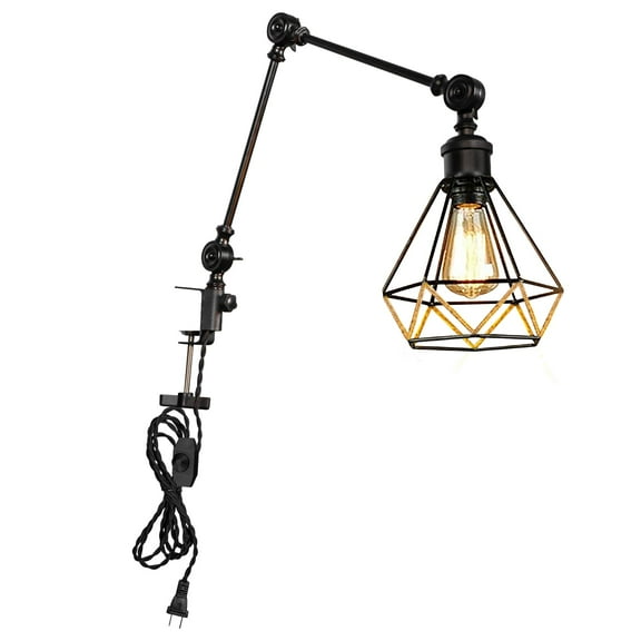 Kiven Dimmable Clip-on Desk Lamp, 1-Light Iron Industrial clip on light with Flexible Swing Arm, 8.2FT Plug in Cord, Decorative Clamp Lamp for Bookshelf Cabinet E26 Sokcet DZ0401