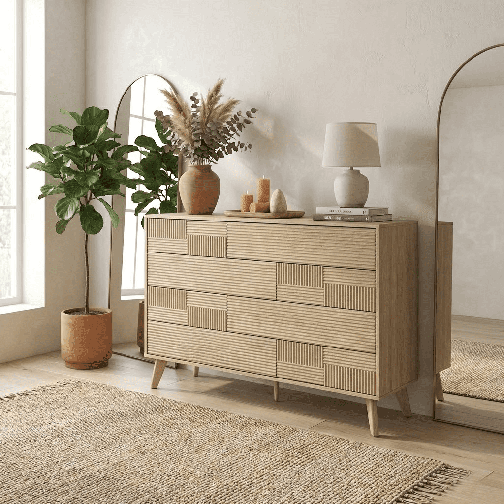 Danpinera Home 8-Drawer Double Dresser for Bedroom, 34" Tall Wood Chest & TV Stand with Fluted Panels, Natural Oak