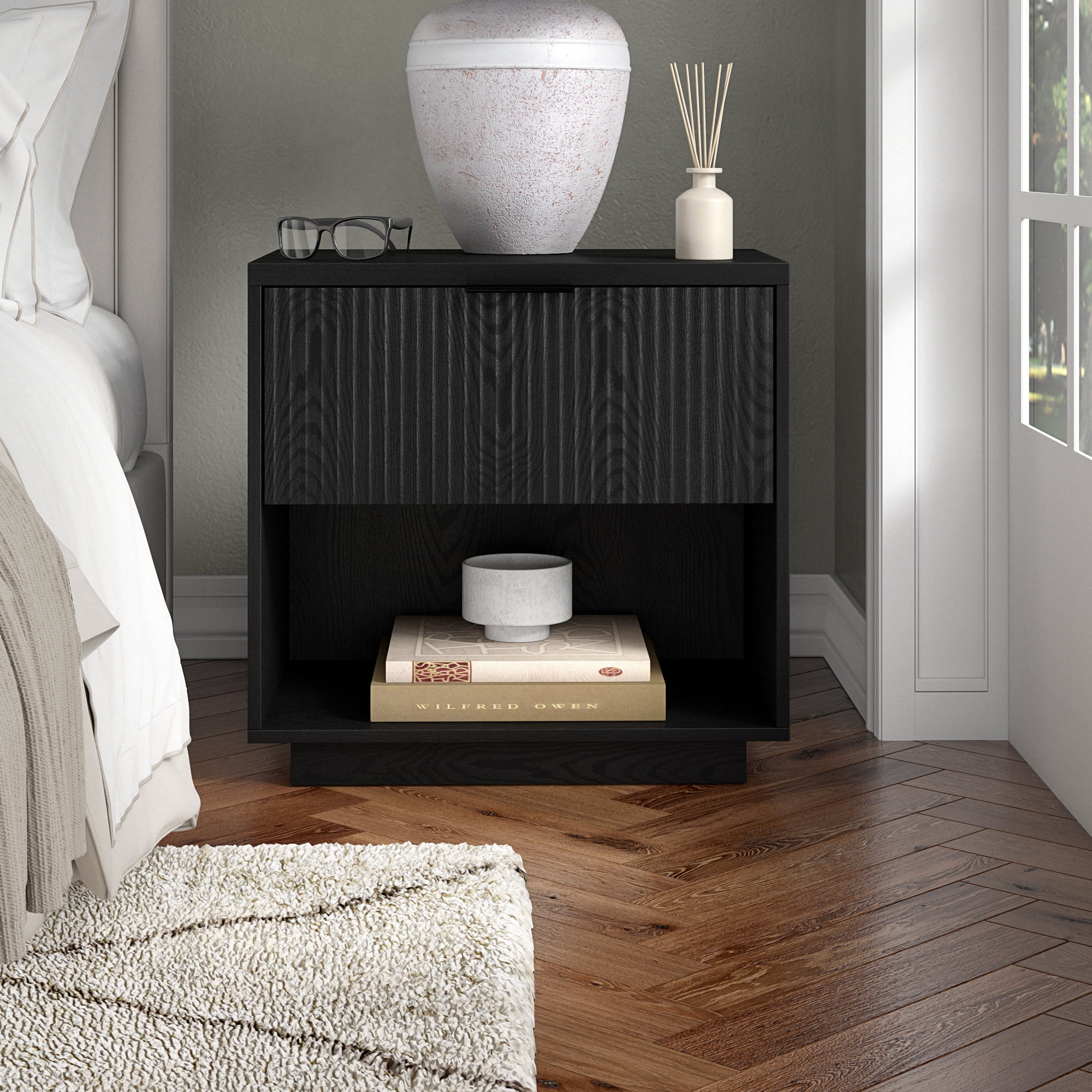Karten 24" Wide Rectangular Fluted Nightstand in Black Grain