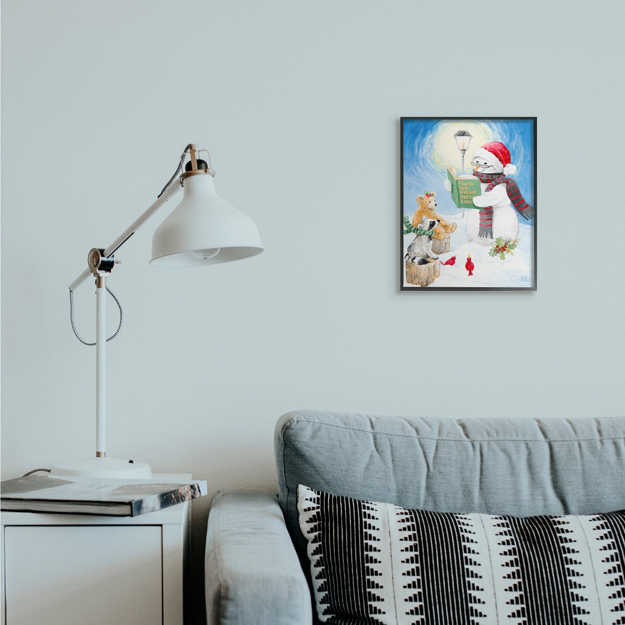 Stupell Industries Christmas Snowman Reading Winter Holiday Animals Holiday Painting Black Framed Art Print Wall Art, 11 x 14