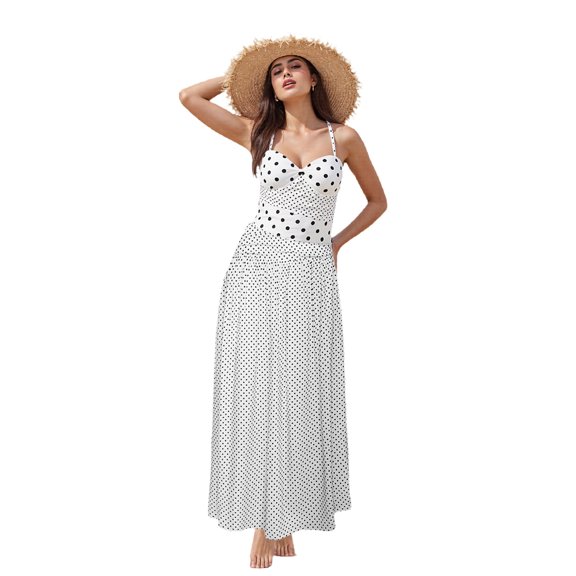 LMLYSoH Women's Summer Long Cami Dress Sleeveless Open Back Halter Neck Dot Print Beach Dress