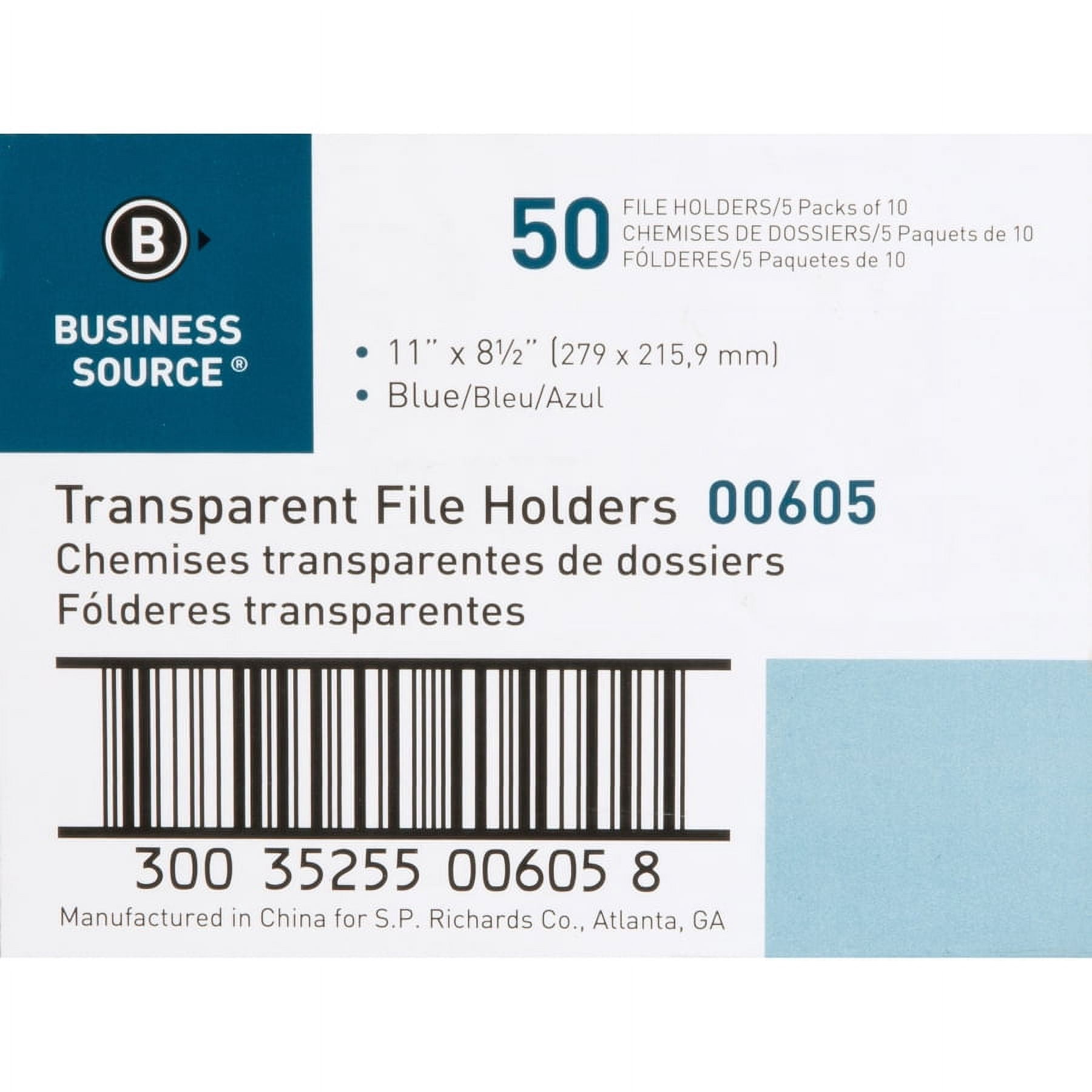 Business Source Letter File Sleeve - 8 1/2" X 11" - 20 Sheet Capacity - Polypropylene - Blue - 50 / Box