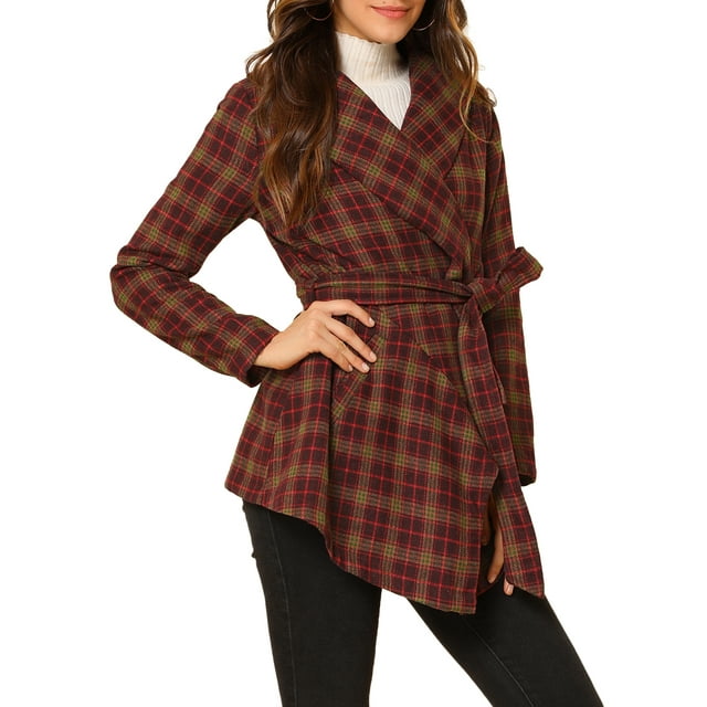 Abrigo delgado con cuello de solapa asimétrico de cuadros para mujer Inspire Chic XS rojo oscuro