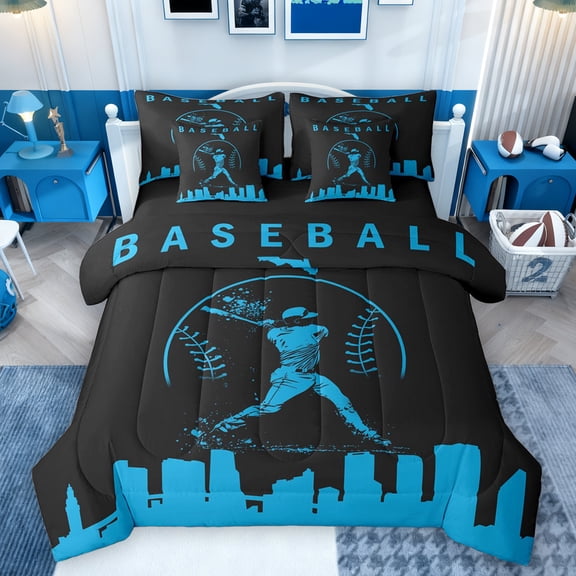Homewish Teens Baseball Print Twin Bedding Sets 7-Piece, Black Blue Abstract Bedding Comforter Set, Cartoon Sports Theme Reversible Sheet Sets, Ultra Soft Bedroom Decor
