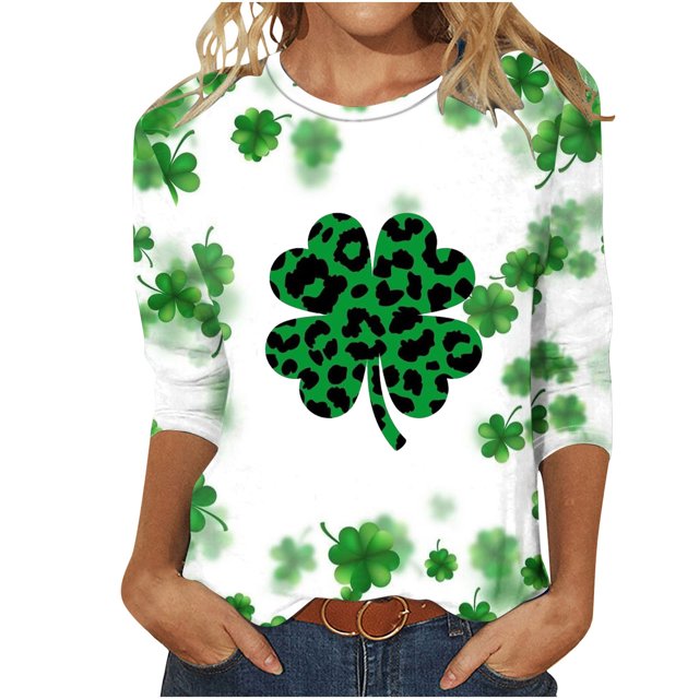 lcziwo Chandails de la Saint-Patrick pour Femmes Haut à Imprimé Vert Trèfle Irlandais Graphique Manches 3/4 Hauts 2024 Printemps Blouses à Col Rond Tunique Porte-Bonheur T-Shirt Grande Taille,P-5TG TG