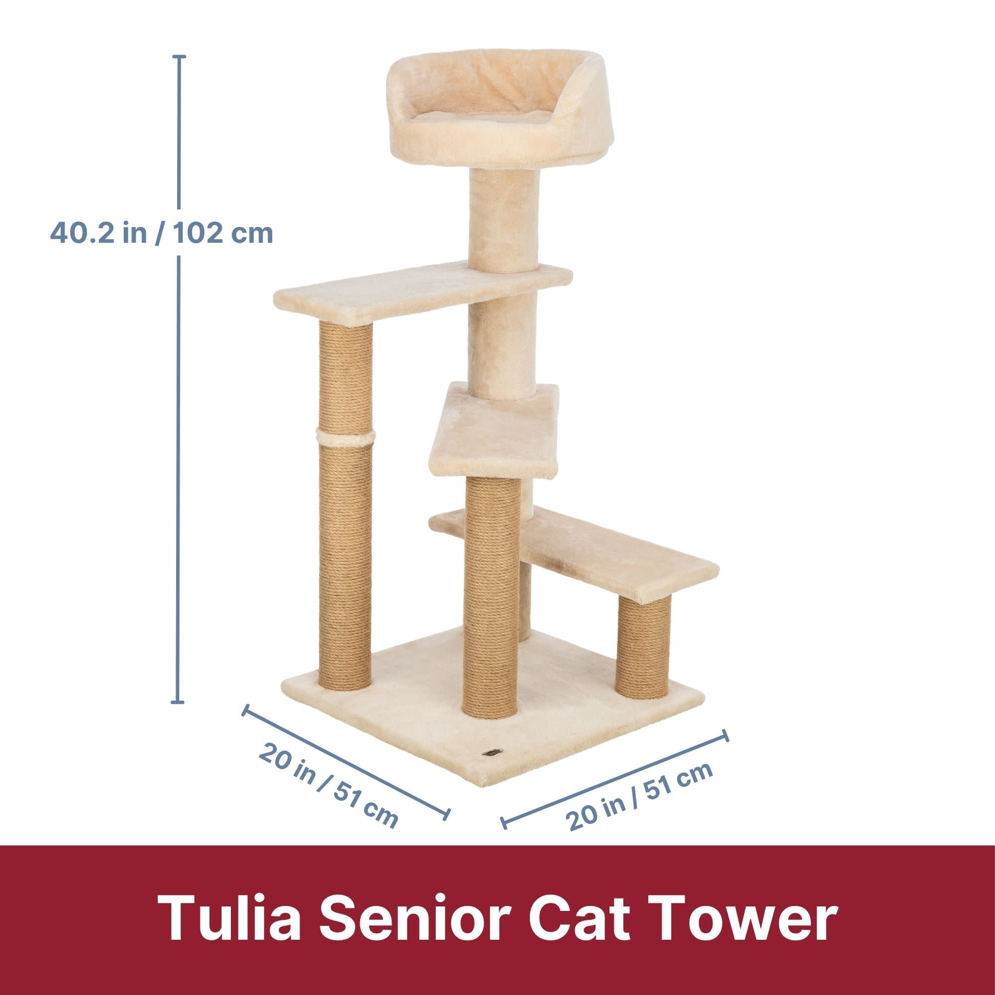TRIXIE Tulia Senior Plush & Sisal 4-Level 40.2" Cat Tree, Scratching Posts & Bed, Beige