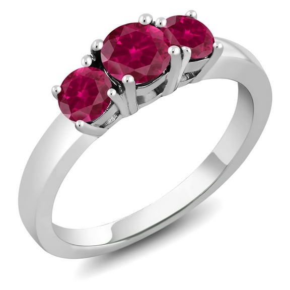 Gem Stone King 925 Sterling Silver 1.50 Ct Round Red Created Ruby 3-Stone Ring (Size 5)