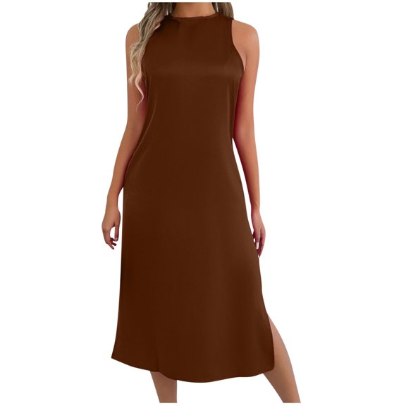 Kukoosong Dresses for Women Slim Fit Bodycon Tea Length Sleeveless Crew Neck Solid Color for Wedding Guest Party Beach Vacation Casual Summer Dresses