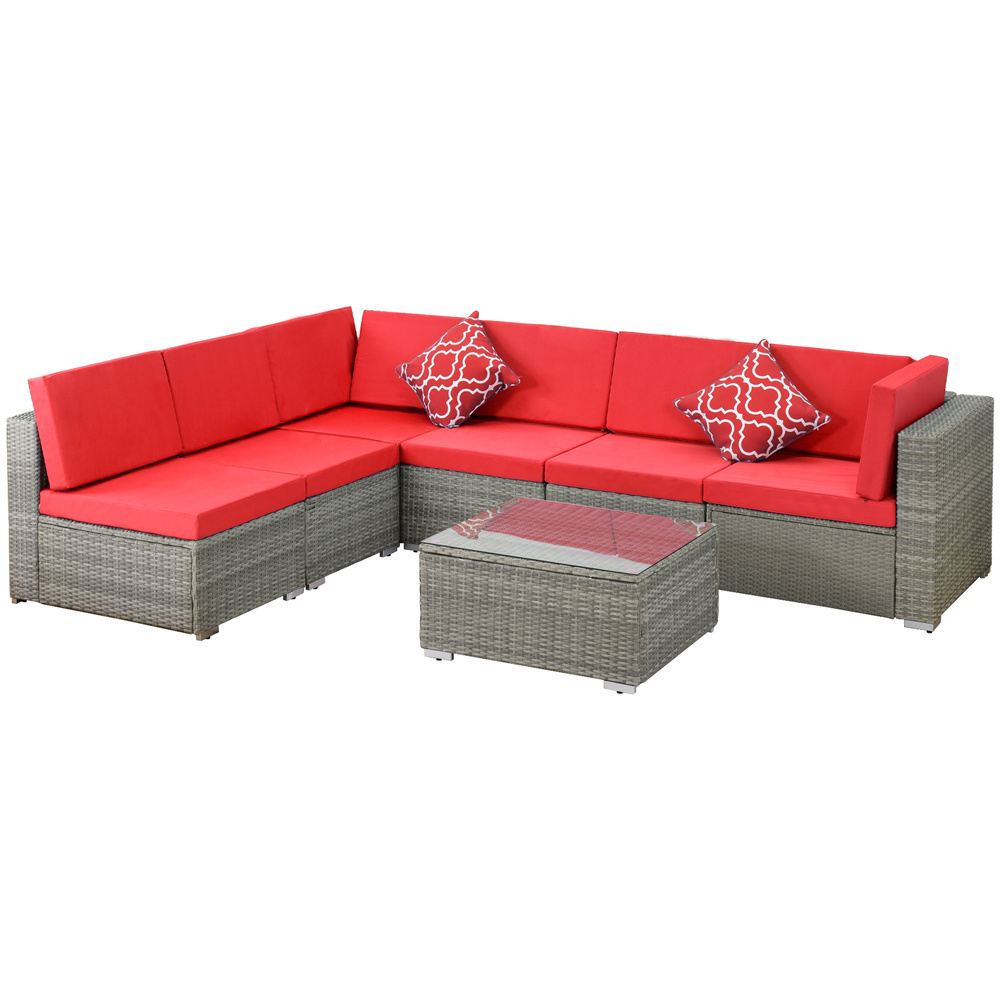 Patio Furniture Sofa Set, 7 Piece Outdoor Conversation Sets with 6 Rattan Wicker Chairs, Glass Coffee Table, All-Weather Patio Sectional Sofa Set with Red Cushions for Backyard, Garden, LLL1535 - image 3 of 8