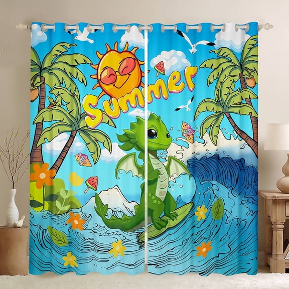 Manfei Green Cartoon Dragon Curtains and Drapes (42x84),Magic Animal Blackout Curtains for Bedroom,Hawaii Surfing Curtains Pack of 2 (42x84) For Boys Kids,Breathable Room Decor