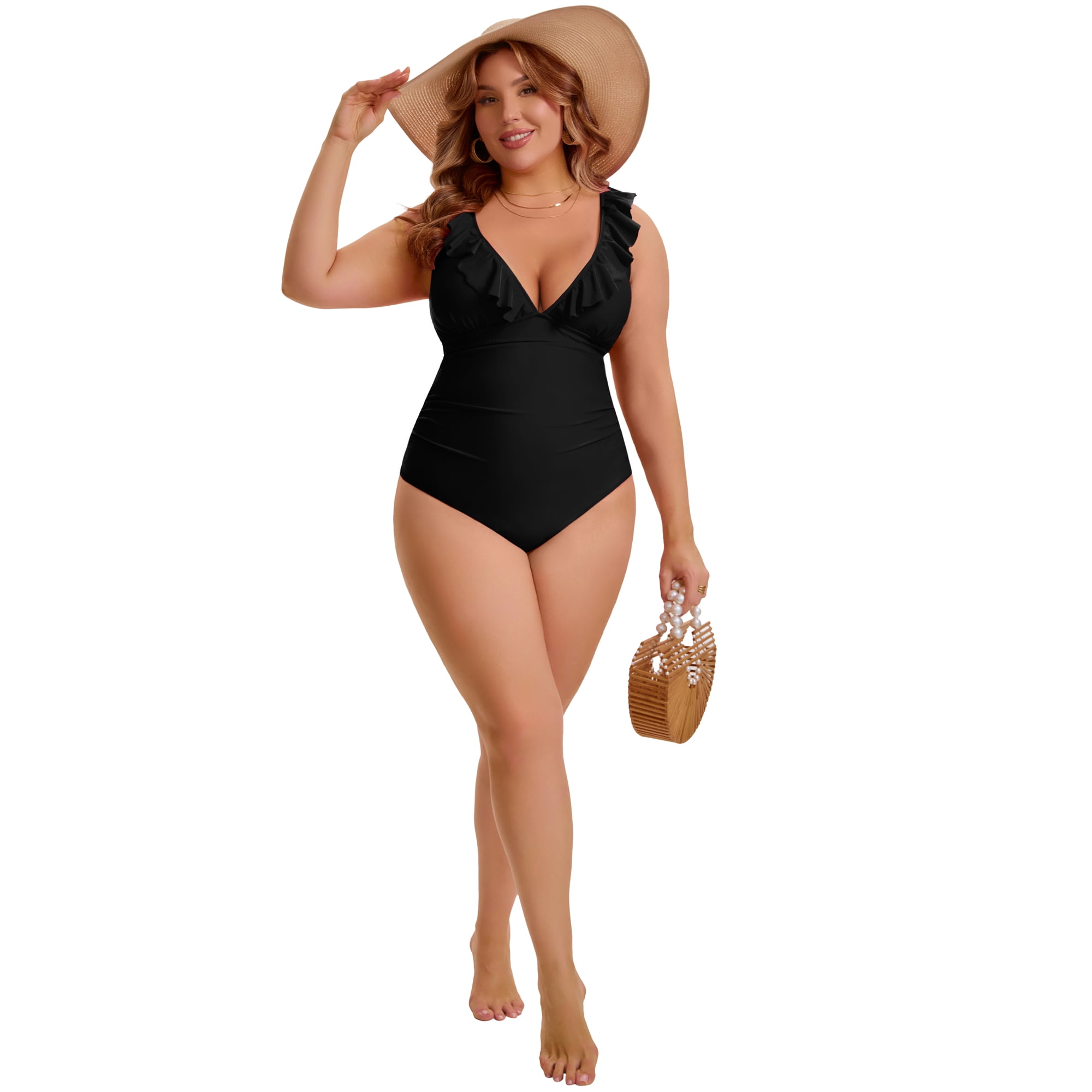 DARING DIVA Women's Plus Swimsuit Ruffled V Neck Tummy Control Bathing Suit L Black