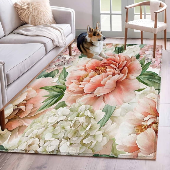 Pink White Flowers Area Rug 4x6 Washable Rug Non Slip Spring Farmhouse Blossom Floral Large Area Rug Indoor Floor Carpet for Entryway Bedroom Kitchen Living Room Home Office Dining Room Nursery