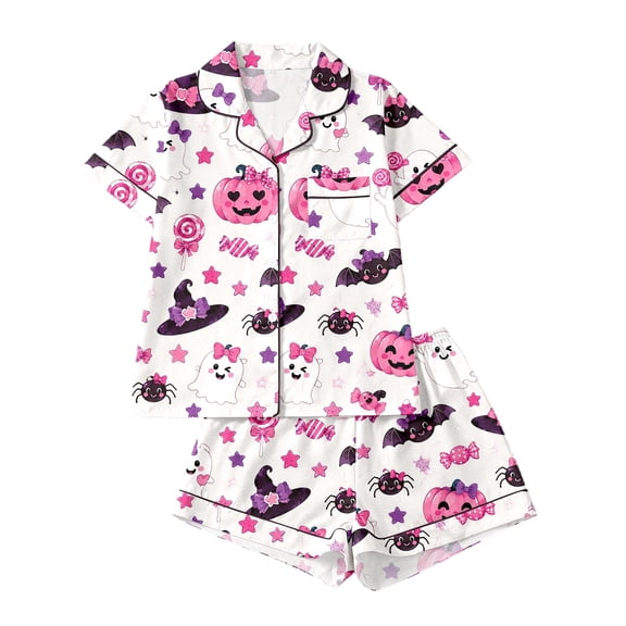 MEZZALL Women Lovely Halloween Cartoon Print Pajama Set Lapel Collar Button Closure Chest Pocket Short Sleeve Top Elastic Waist Shorts Loungewear Sleep Set For Holiday 2 Piece Trendy Pjs