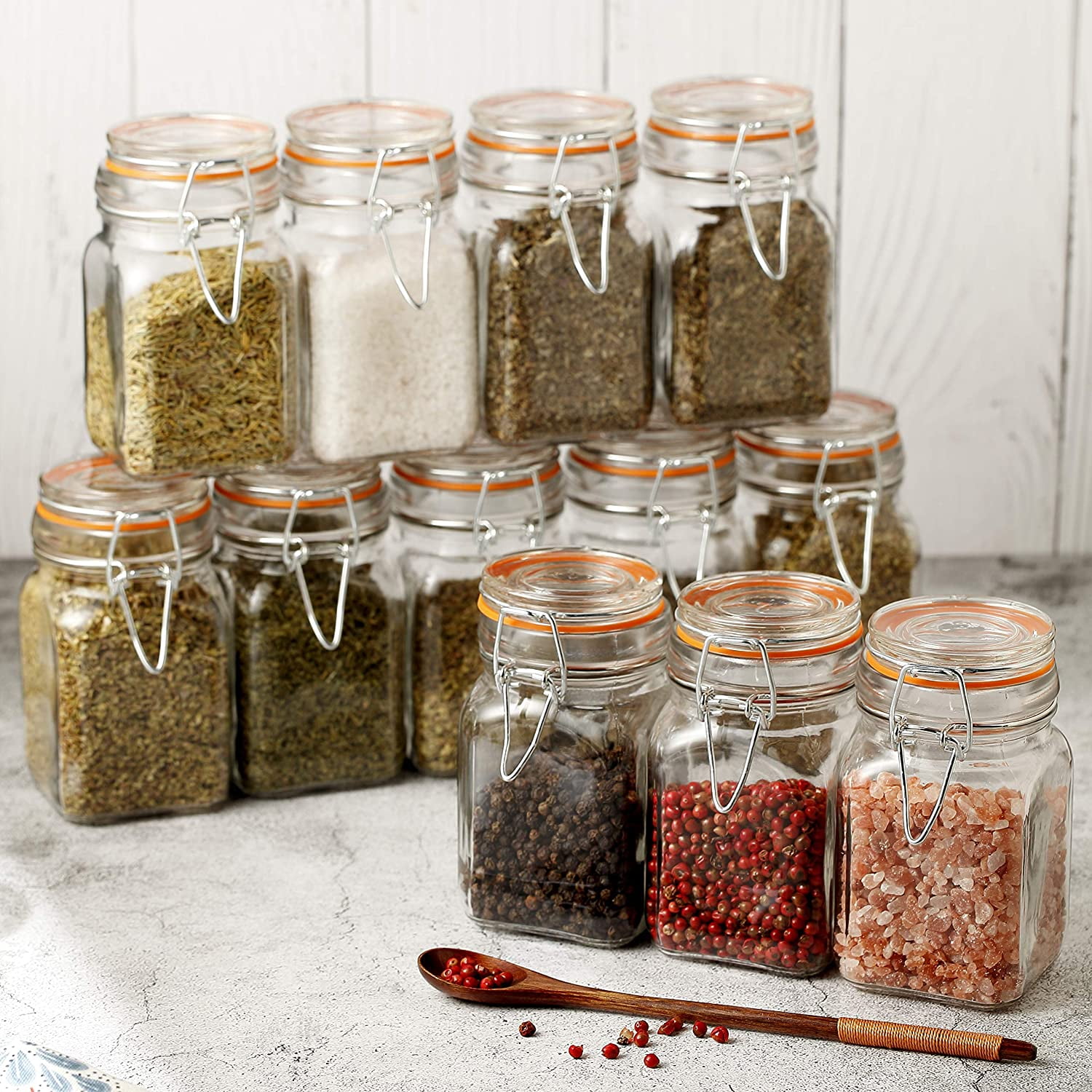 Glass Spice Jars Bottles with Airtight Lids and Leak Proof Rubber Gasket Set of 12 Square 8 oz Walmart