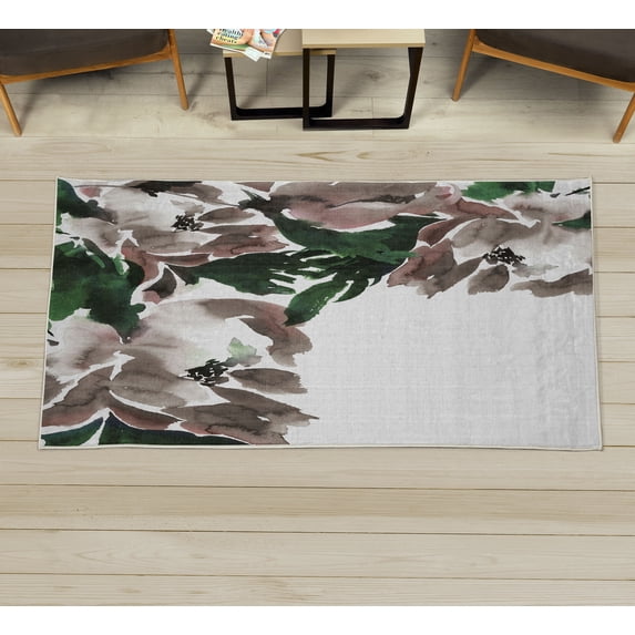 Floral Decorative Rug, Flowers in Watercolor Style Effect Illustration of Peonies Spring Inspired Print, Quality Carpet for Bedroom Dorm and Living Room, 6 Sizes, Pale Mustard, by Ambesonne