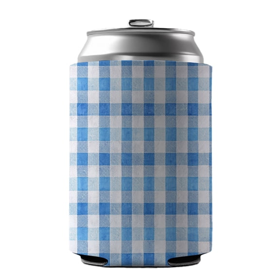 Blue White Gingham Watercolor Drink Beer Soda Insulated Sleeve Holder Can Cooler Hugger