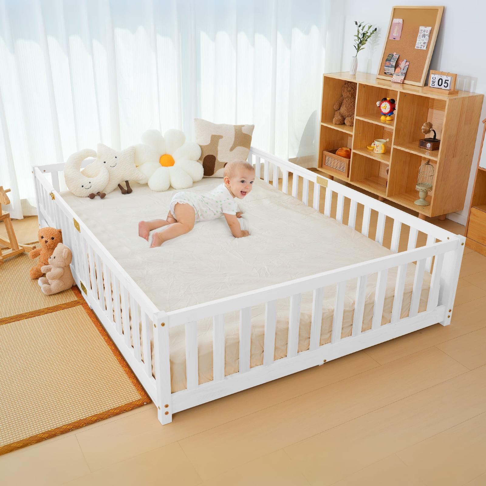 Slsy Full Size Toddler Floor Bed,Solid Wood Montessori Bed Frame with Fence & Door Montessori Floor Bed Crib with Safety Guardrails for Girls and Boys